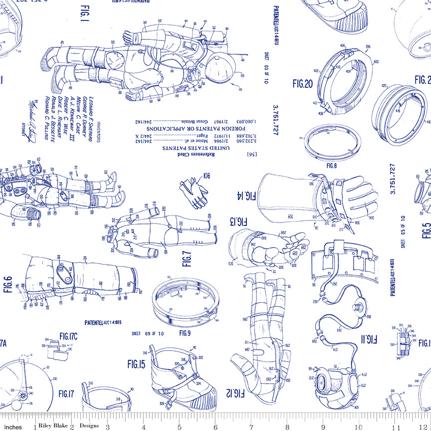 Cotton quilting fabric pattern called 'Spacesuit Patent in White'. Part of the 'Outer Space By NASA' fabric collection. Designed by RBD Designs for fabric company Riley Blake. SKU: C15485-WHITE. 44-45 inch width.