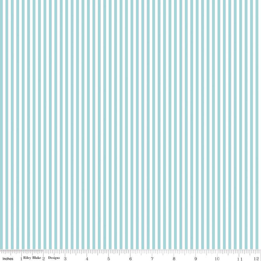 Cotton quilting fabric pattern called '1/8" Stripe in Aqua'. Part of the 'Stripes' fabric collection. Designed by The RBD Designers for fabric company Riley Blake. SKU: C495-AQUA. 44-45 inch width.