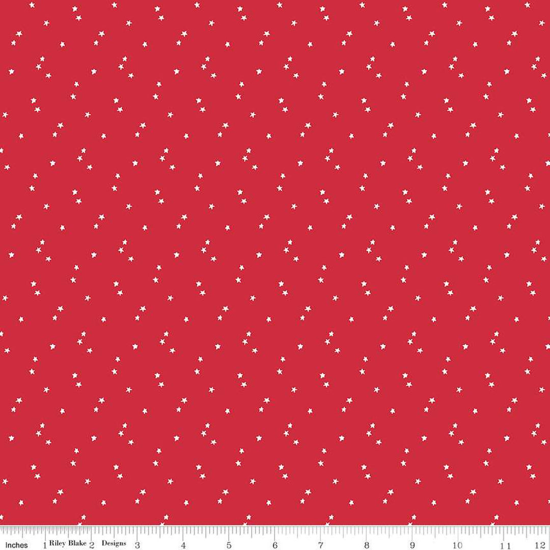 Cotton quilting fabric pattern called 'Seasonal Basic Stars Red'. Part of the 'Seasonal Basics' fabric collection. Designed by Tattooed Quilter for fabric company Riley Blake Designs. SKU: C657R-RED. 44-45 inch width.