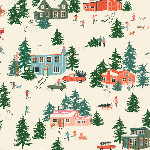 Cotton quilting fabric pattern called 'Merry Town'. Part of the 'Christmas in the Cabin' fabric collection. Designed by AGF Studio for fabric company Art Gallery. SKU: CCA258900. 44-45 inch width.