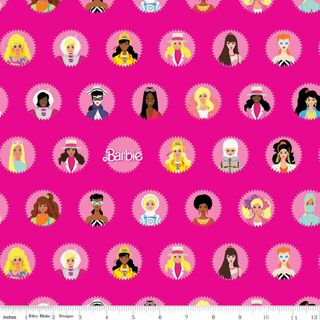 Cotton quilting fabric pattern called 'Barbie Main in Hot Pink'. Part of the 'Barbie World' fabric collection. Designed by Riley Blake Designs for fabric company Riley Blake. SKU: CD15020-HOTPINK. 44-45 inch width.