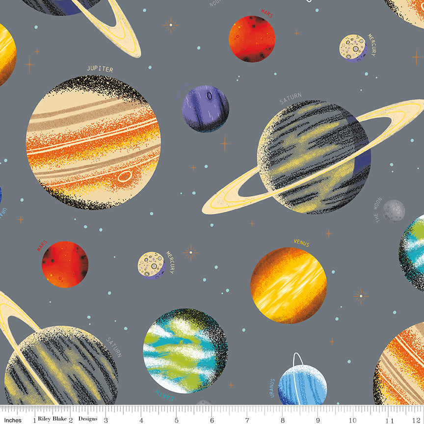 Cotton quilting fabric pattern called 'Main in Gray'. Part of the 'Outer Space By NASA' fabric collection. Designed by RBD Designs for fabric company Riley Blake. SKU: C15480-GRAY. 44-45 inch width.