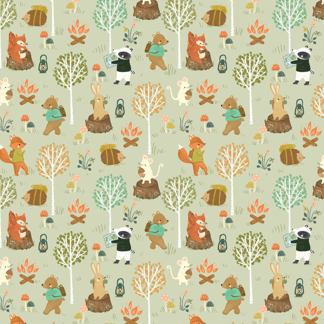 Cotton quilting fabric pattern called 'Animal Campers'. Part of the 'Cedar Camp' fabric collection. Designed by Ramble & Bramble for fabric company Dashwood Studios. SKU: CEDAR2365. 44-45 inch width.