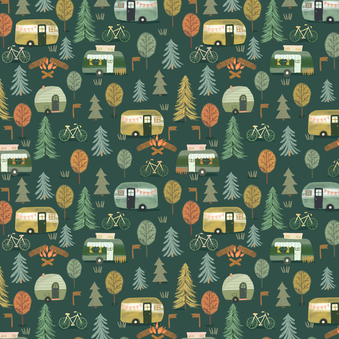 Cotton quilting fabric pattern called 'Campgrounds'. Part of the 'Cedar Camp' fabric collection. Designed by Ramble & Bramble for fabric company Dashwood Studios. SKU: CEDAR2367. 44-45 inch width.