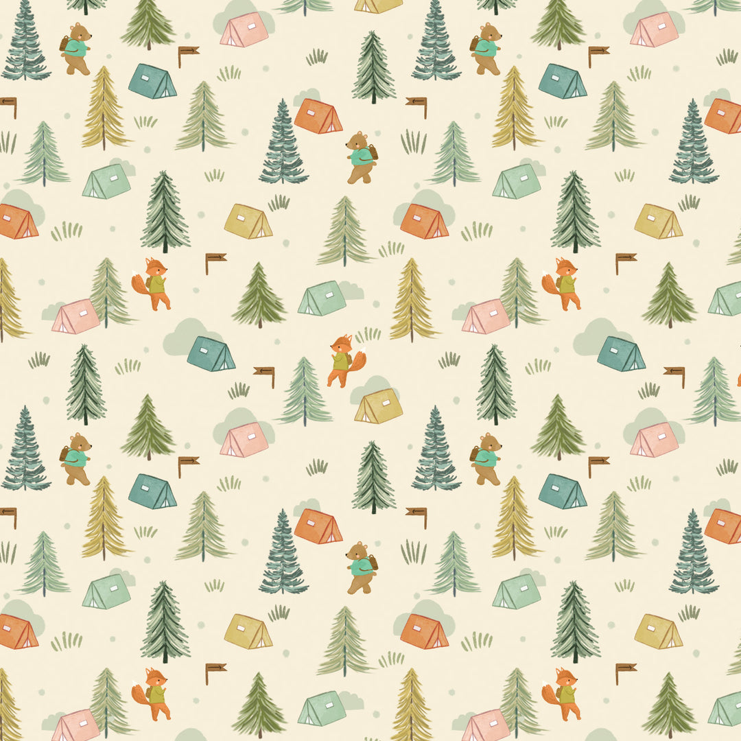 Cotton quilting fabric pattern called 'Tents'. Part of the 'Cedar Camp' fabric collection. Designed by Ramble & Bramble for fabric company Dashwood Studios. SKU: CEDAR2368. 44-45 inch width.