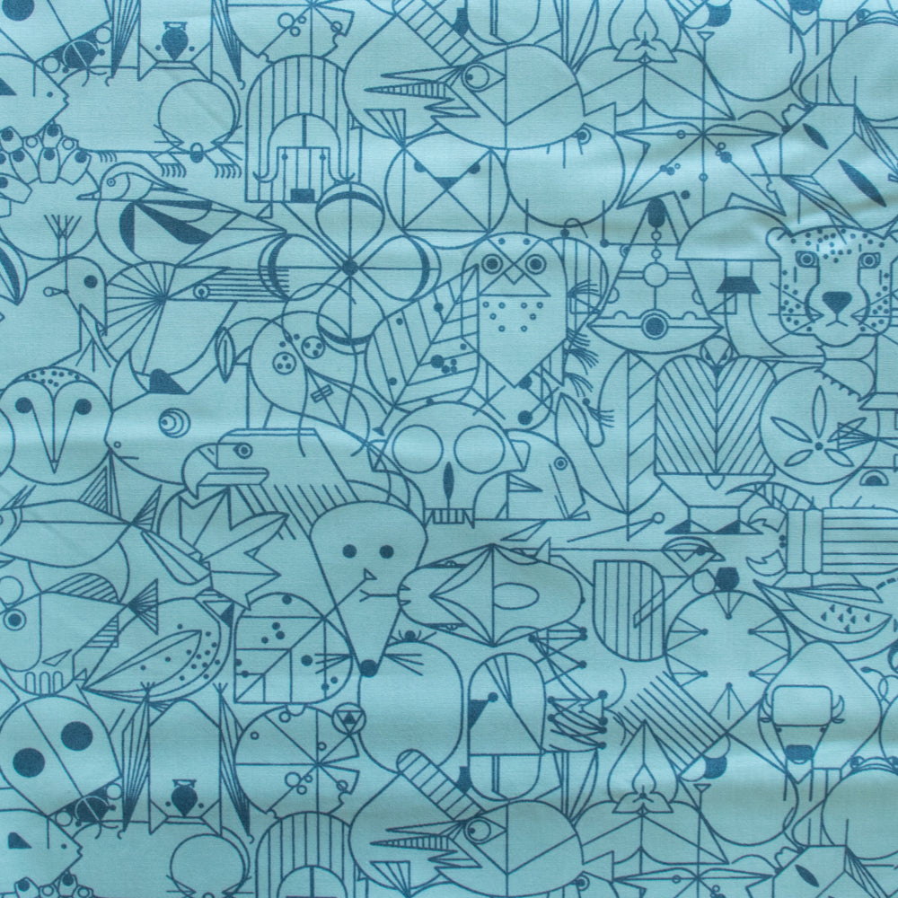 Cotton quilting fabric pattern called 'End Papers in Blue Raspberry'. Part of the 'End Papers' fabric collection. Designed by Charley Harper for fabric company Birch Fabrics. SKU: CH-300-BLUERAZZ. 44-45 inch width.