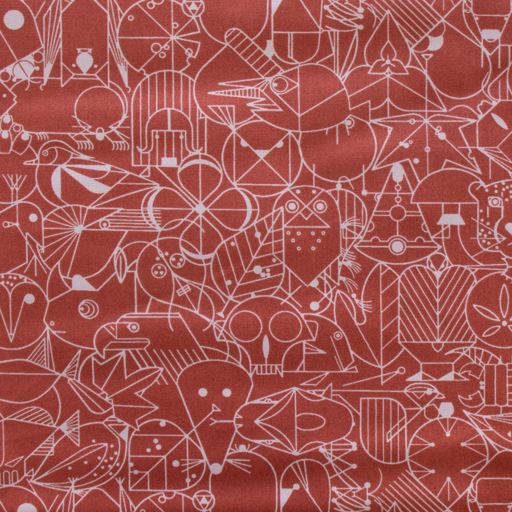 Cotton quilting fabric pattern called 'End Papers in Burnt Brick'. Part of the 'End Papers' fabric collection. Designed by Charley Harper for fabric company Birch Fabrics. SKU: CH-300-BURNTBRICK. 44-45 inch width.