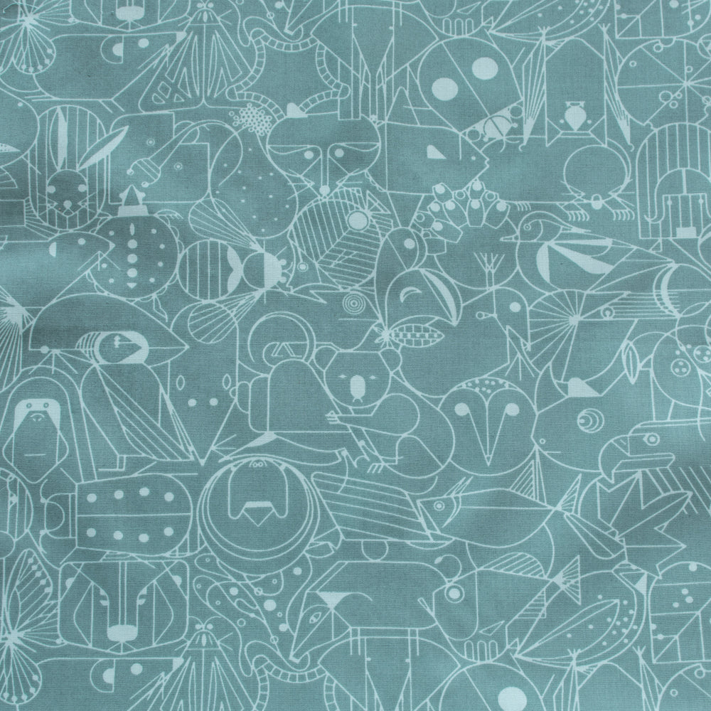 Cotton quilting fabric pattern called 'End Papers in Seafoam'. Part of the 'End Papers' fabric collection. Designed by Charley Harper for fabric company Birch Fabrics. SKU: CH-300-SEAFOAM. 44-45 inch width.