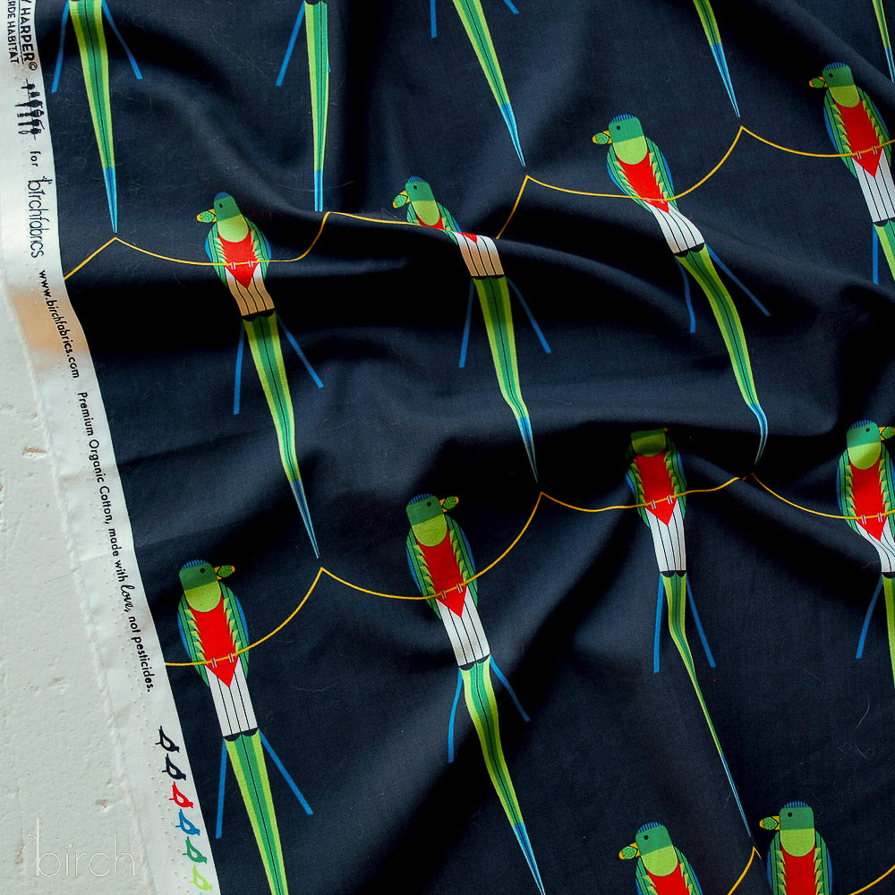 Cotton quilting fabric pattern called 'Monteverde Parrot'. Part of the 'Monteverde Habitat Vol. 1' fabric collection. Designed by Charlie Harper for fabric company Birch Fabrics. SKU: CH-367. 44-45 inch width.