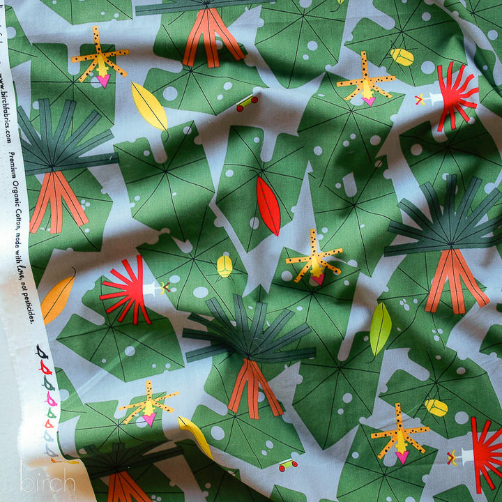 Cotton quilting fabric pattern called 'Monteverde Foliage and Friend'. Part of the 'Monteverde Habitat Vol. 1' fabric collection. Designed by Charlie Harper for fabric company Birch Fabrics. SKU: CH-368. 44-45 inch width.