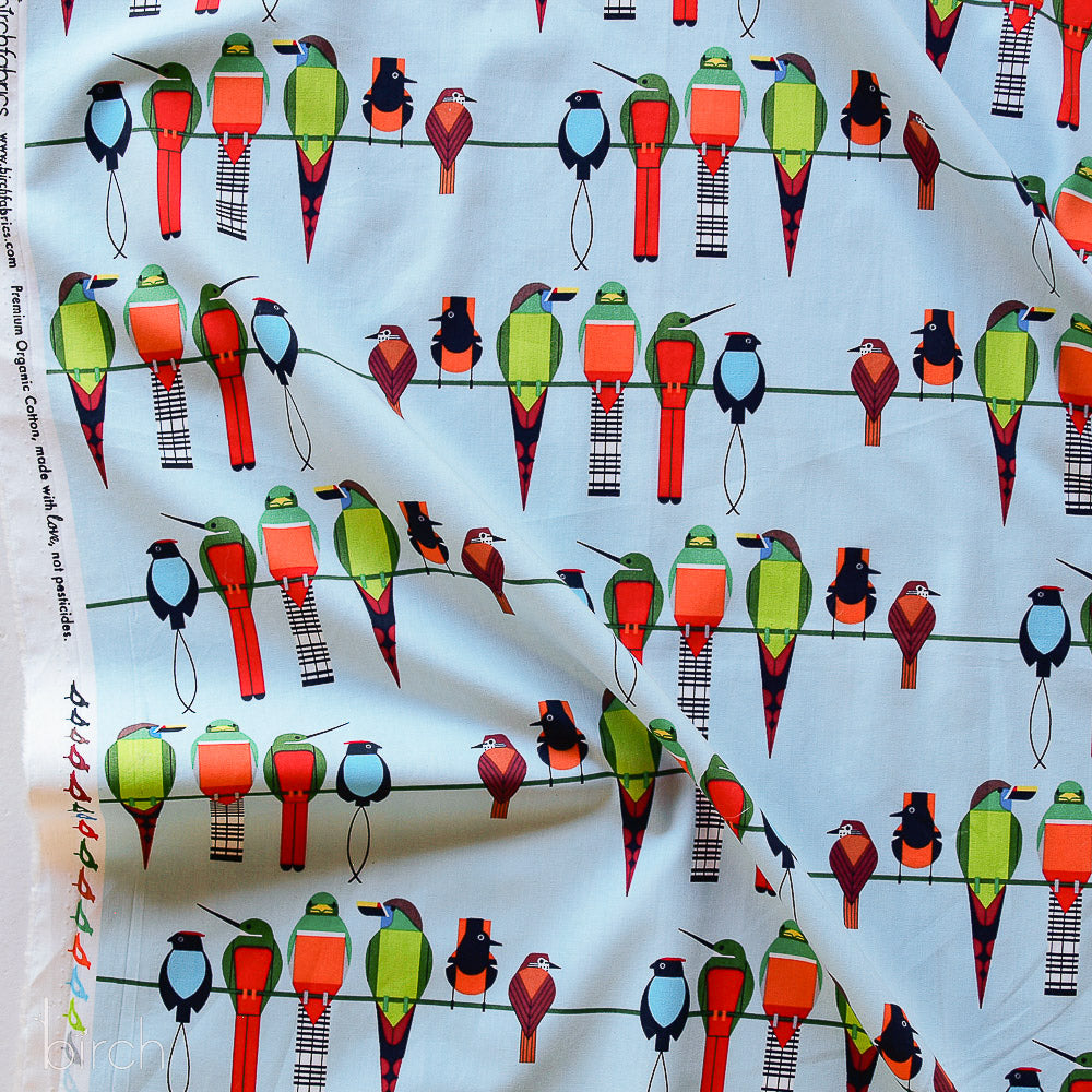 Cotton quilting fabric pattern called 'Pretty Perched'. Part of the 'Monteverde Habitat Vol. 1' fabric collection. Designed by Charlie Harper for fabric company Birch Fabrics. SKU: CH-370. 44-45 inch width.