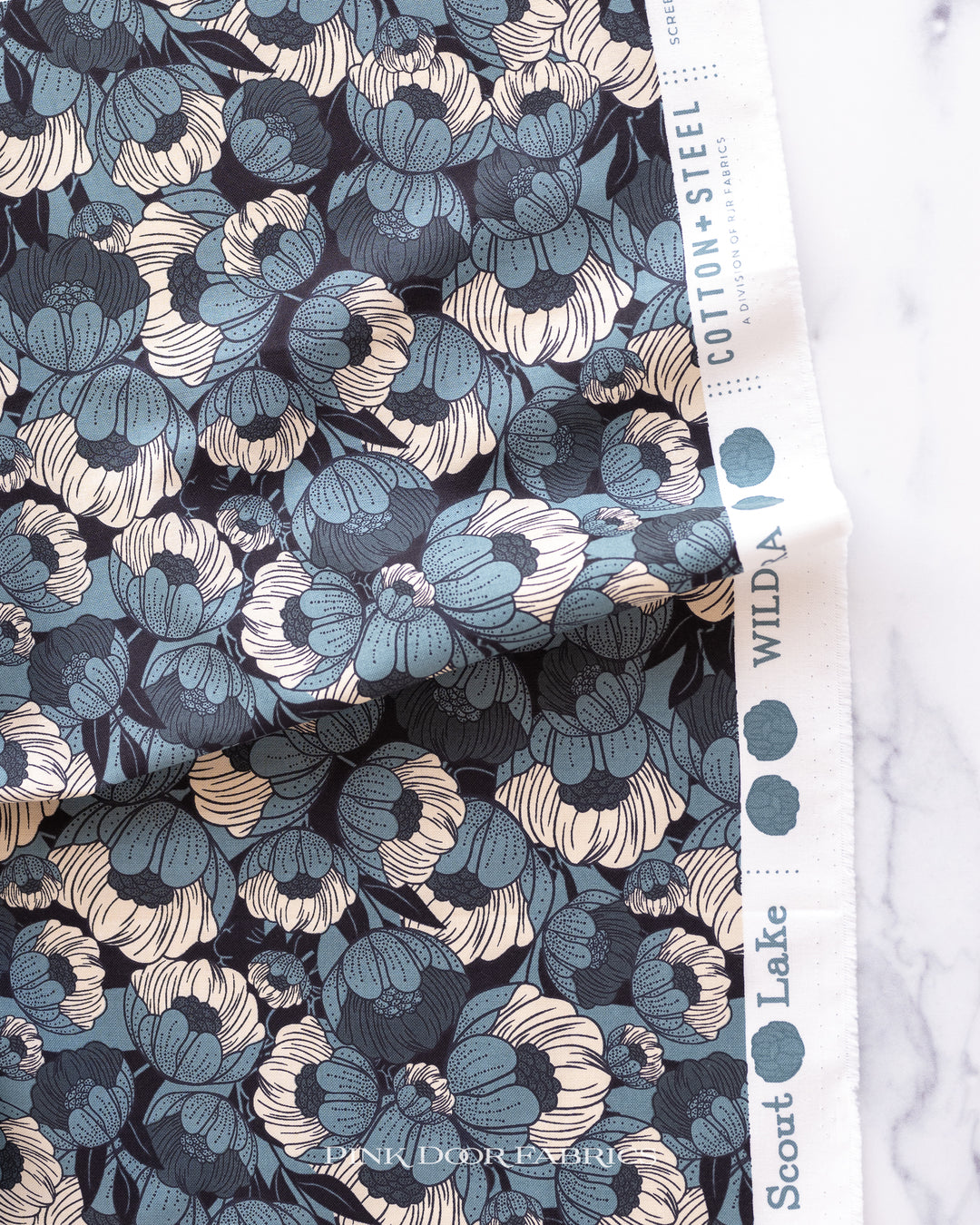 Cotton quilting fabric pattern called 'Wild Flora in Water'. Part of the 'Scout Lake' fabric collection. Designed by Ash Cascade for fabric company RJR Fabrics. SKU: AC401-WA2. 44-45 inch width.