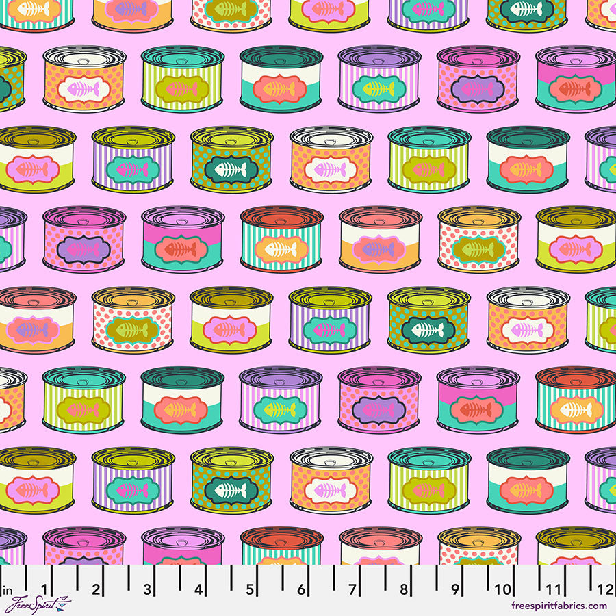 Cotton quilting fabric pattern called 'Cat Snacks in Electroberry'. Part of the 'Tabby Road Deja Vu' fabric collection. Designed by Tula Pink for fabric company Free Spirit Fabrics. SKU: PWTP094.ELECTROBERRY. 44-45 inch width.