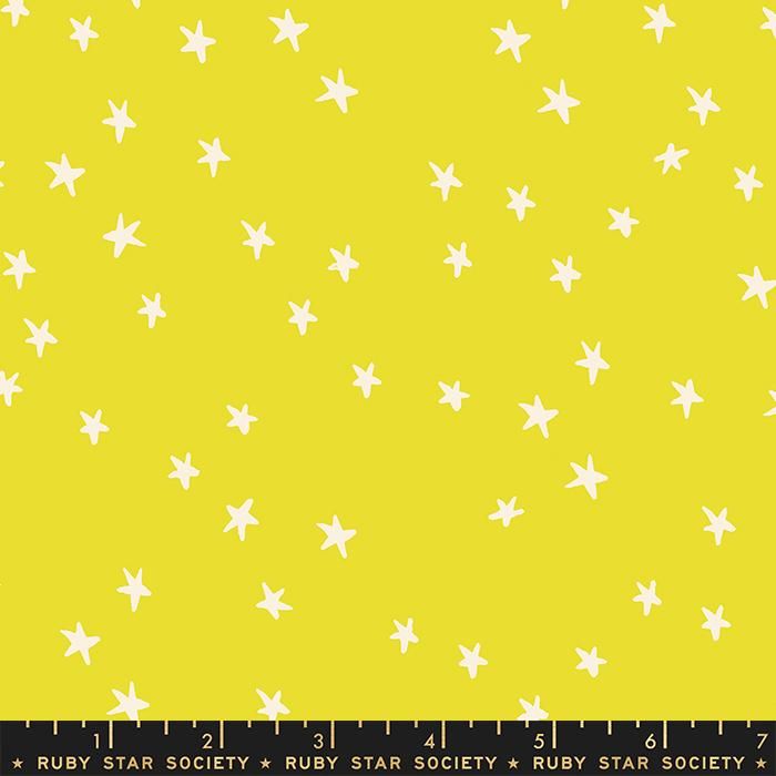 Cotton quilting fabric pattern called 'Starry in Citron'. Part of the 'Starry' fabric collection. Designed by Ruby Star Society for fabric company Moda Fabrics. SKU: RS4109 47. 44-45 inch width.