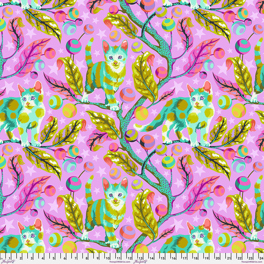 Cotton quilting fabric pattern called 'Club Kitty in Electroberry'. Part of the 'Tabby Road Deja Vu' fabric collection. Designed by Tula Pink for fabric company Free Spirit Fabrics. SKU: PWTP233.ELECTROBERRY. 44-45 inch width.