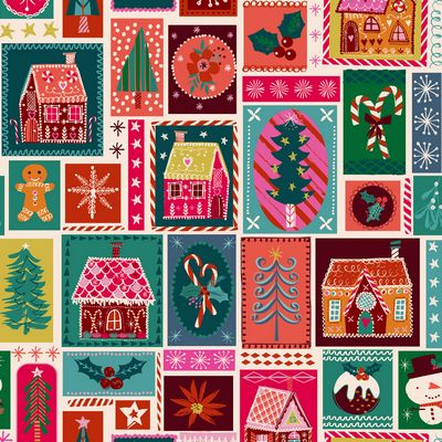 Cotton quilting fabric pattern called 'Patchwork Candy Houses'. Part of the 'Candy Cane' fabric collection. Designed by Helen Black for fabric company Dashwood Studio. SKU: DACANDY2501-V11. 44-45 inch width.