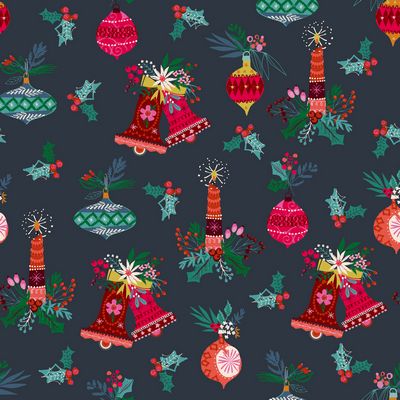 Cotton quilting fabric pattern called 'Bells and Candies'. Part of the 'Candy Cane' fabric collection. Designed by Helen Black for fabric company Dashwood Studio. SKU: DACANDY2502-V11. 44-45 inch width.