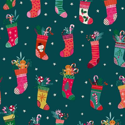 Cotton quilting fabric pattern called 'Christmas Stockings'. Part of the 'Candy Cane' fabric collection. Designed by Helen Black for fabric company Dashwood Studio. SKU: DACANDY2505-V11. 44-45 inch width.