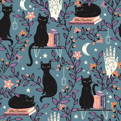 Cotton quilting fabric pattern called 'Curious Cats'. Part of the 'Spellbound' fabric collection. Designed by Sally Mountain for fabric company Dashwood Studio. SKU: DASPELL2449-V11. 44-45 inch width.