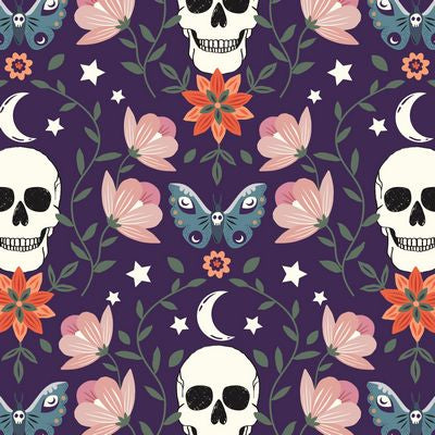 Cotton quilting fabric pattern called 'Skull and Floral'. Part of the 'Spellbound' fabric collection. Designed by Sally Mountain for fabric company Dashwood Studio. SKU: DASPELL2451-V11. 44-45 inch width.