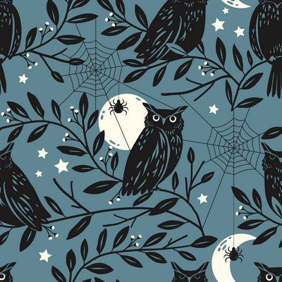 Cotton quilting fabric pattern called 'Midnight Watch'. Part of the 'Spellbound' fabric collection. Designed by Sally Mountain for fabric company Dashwood Studio. SKU: DASPELL2453-V11. 44-45 inch width.