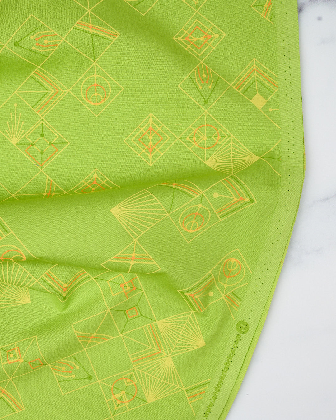 Cotton quilting fabric pattern called 'Tiles in Lime'. Part of the 'Deco Glo II' fabric collection. Designed by Giucy Giuce for fabric company Andover Fabrics. SKU: CS-788-G. 44-45 inch width.