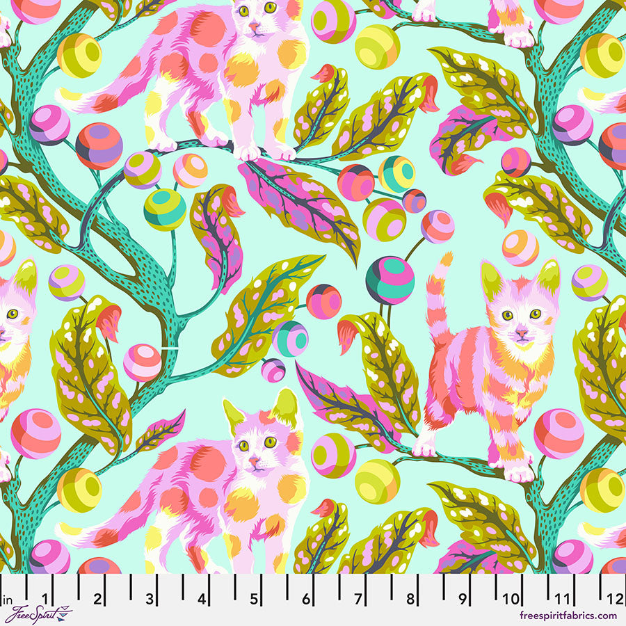 Cotton quilting fabric pattern called 'Disco Kitty in Technomint'. Part of the 'Tabby Road Deja Vu' fabric collection. Designed by Tula Pink for fabric company Free Spirit Fabrics. SKU: PWTP092.TECHNOMINT. 44-45 inch width.