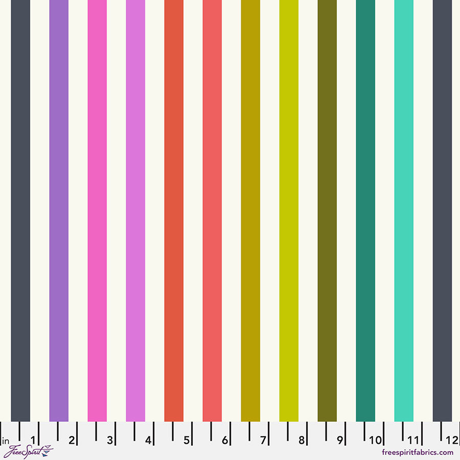 Cotton quilting fabric pattern called 'Disco Stripe in Prism'. Part of the 'Tabby Road Deja Vu' fabric collection. Designed by Tula Pink for fabric company Free Spirit Fabrics. SKU: PWTP231.PRISM. 44-45 inch width.