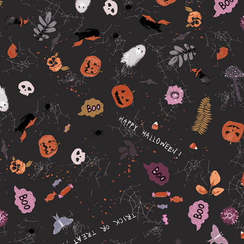 Cotton quilting fabric pattern called 'Deliciously Haunted'. Part of the 'Eerie' fabric collection. Designed by Katarina Roccella for fabric company Art Gallery. SKU: EER31002. 44-45 inch width.