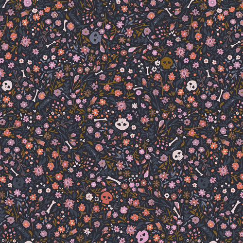 Cotton quilting fabric pattern called 'Boneyard Nocturnal'. Part of the 'Eerie' fabric collection. Designed by Katarina Roccella for fabric company Art Gallery. SKU: EER31005. 44-45 inch width.