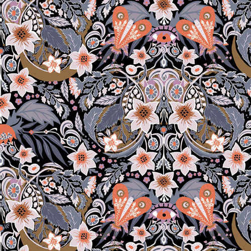 Cotton quilting fabric pattern called 'Forbidden Garden'. Part of the 'Eerie' fabric collection. Designed by Katarina Roccella for fabric company Art Gallery. SKU: EER31007. 44-45 inch width.