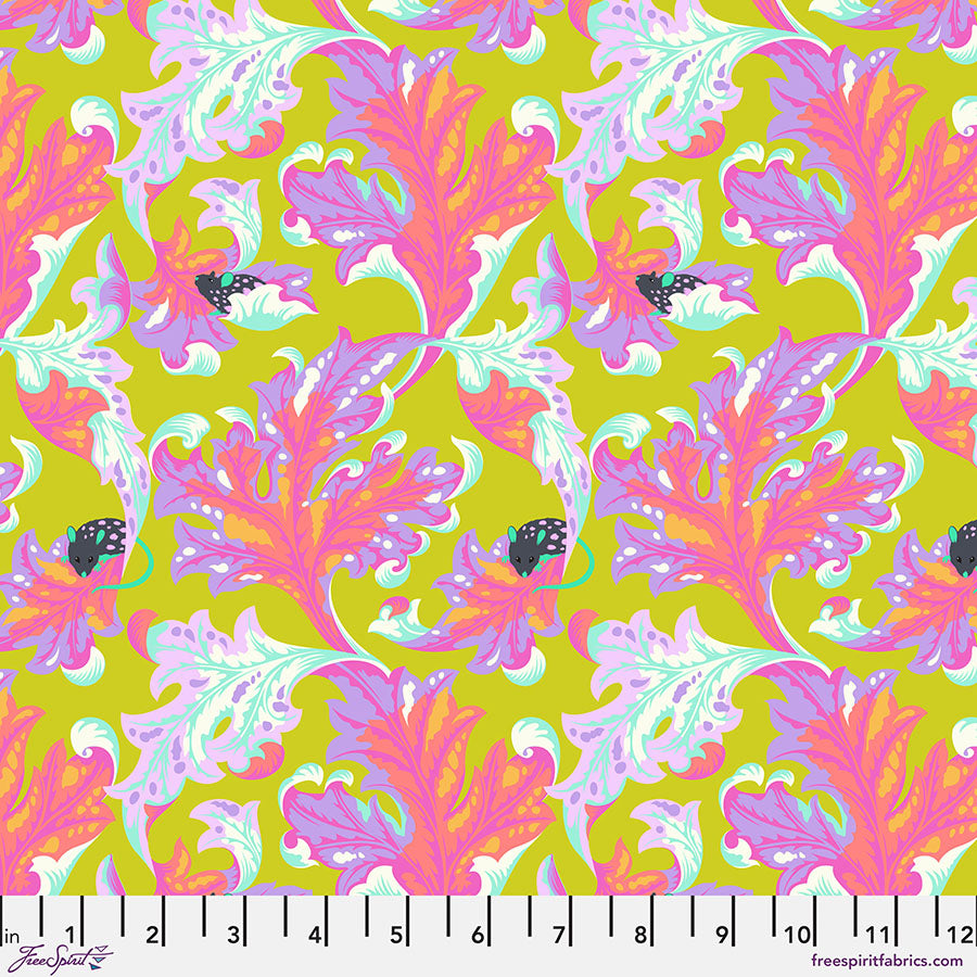 Cotton quilting fabric pattern called 'Eek in Electroberry'. Part of the 'Tabby Road Deja Vu' fabric collection. Designed by Tula Pink for fabric company Free Spirit Fabrics. SKU: PWTP093.ELECTROBERRY. 44-45 inch width.