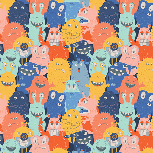 flannel quilting fabric pattern called 'Monster Parade in flannel'. Part of the 'MonsterVille' fabric collection. Designed by AGF Studio for the Art Gallery Fabrics fabric company. SKU: F44400a. 44-45 inch width.