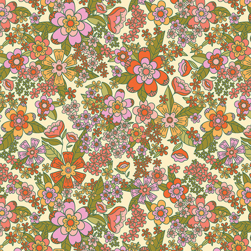 Cotton quilting fabric pattern called 'Stay Groovy Sunshine'. Part of the 'Flower Bloom' fabric collection. Designed by AGF Studio for fabric company Art Gallery Fabrics. SKU: FBL90704. 44-45 inch width.