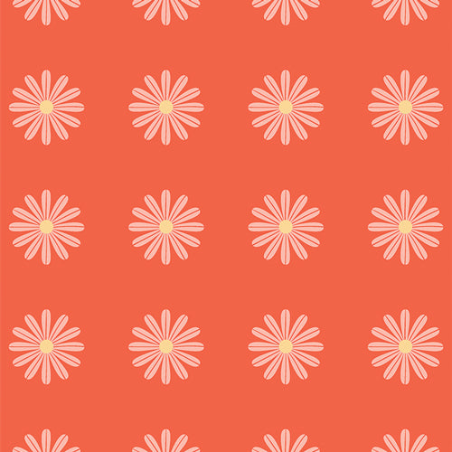 Cotton quilting fabric pattern called 'Choose Happy Tangerine'. Part of the 'Flower Bloom' fabric collection. Designed by AGF Studio for fabric company Art Gallery Fabrics. SKU: FBL90706. 44-45 inch width.