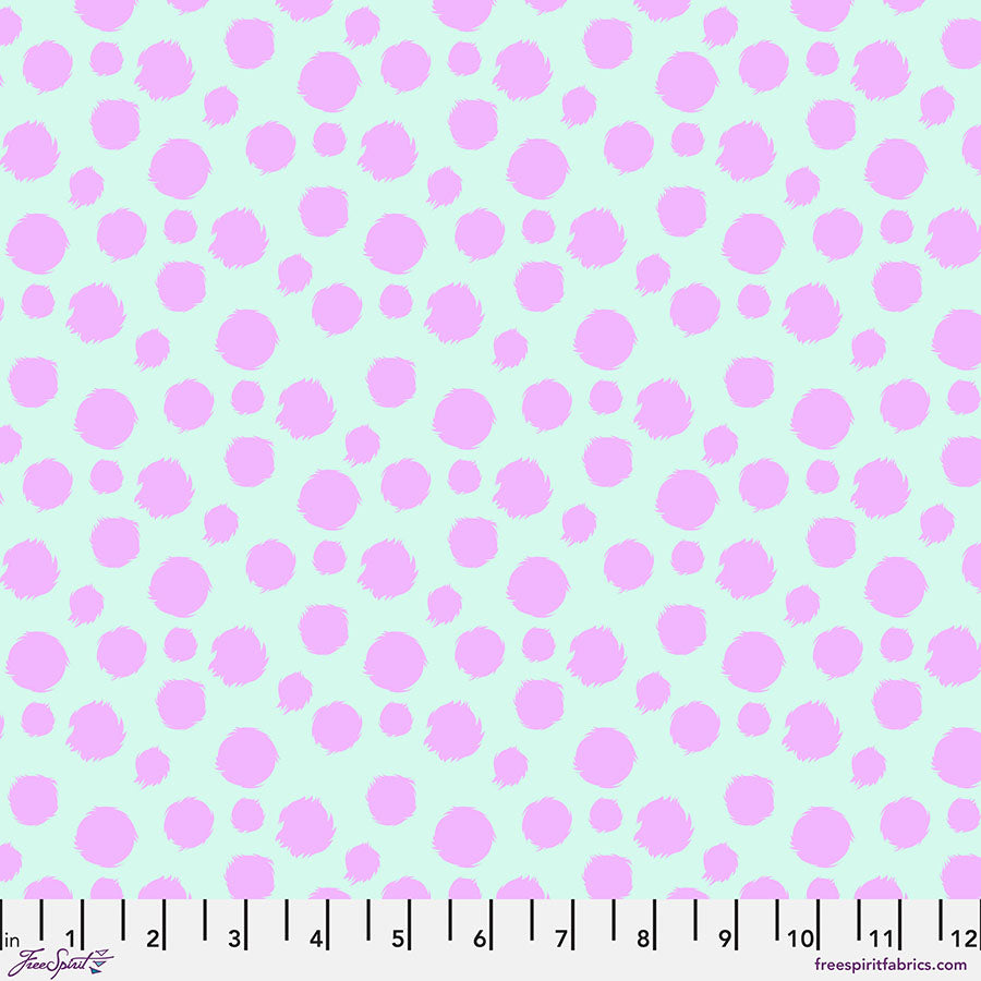 Cotton quilting fabric pattern called 'Fur Ball in Technomint'. Part of the 'Tabby Road Deja Vu' fabric collection. Designed by Tula Pink for fabric company Free Spirit Fabrics. SKU: PWTP097.TECHNOMINT. 44-45 inch width.