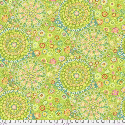 Cotton quilting fabric pattern called 'Millefiori in Green'. Part of the 'Classics' fabric collection. Designed by The Kaffe Fassett Collective for fabric company Free Spirit Fabrics. SKU: GP92.GREE. 44-45 inch width.