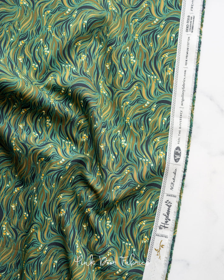 Cotton quilting fabric pattern called 'Grassy Meadows'. Part of the 'Hazelwood' fabric collection. Designed by AGF Studio for fabric company Art Gallery Fabrics. SKU: HZW-62308. 44-45 inch width.