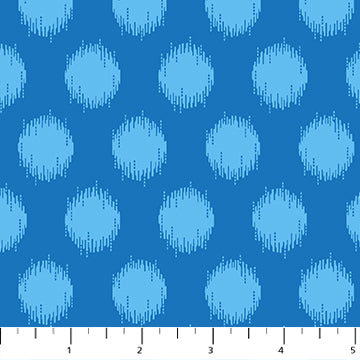 Detailed pattern of Heather Bailey's Pop Sugar collection quilting fabric, blue with pale blue circles. SKU 92060-42.