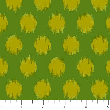 Detailed pattern of Heather Bailey's Pop Sugar collection quilting fabric, green with pale green circles. SKU 92060-70.