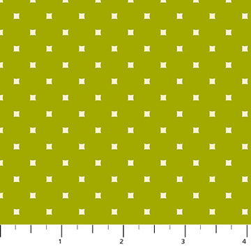 One of Heather Bailey's Pop Sugar collection quilting fabric patterns. The pattern shows a repeating geometric pattern of small white squares evenly spaced on a bright lime green background, creating a simple yet striking polka dot-like design. SKU 92058-70.