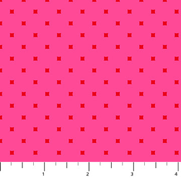 Quilting fabric pattern featured in Heather Bailey's Pop Sugar collection. This fabric features a bright pink background with a repeating pattern of small red squares arranged in an evenly-spaced grid. SKU 92058-22.