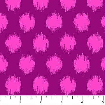 Detailed pattern of Heather Bailey's Pop Sugar collection quilting fabric, dark purple with blurry pink circles. SKU 92060-84.