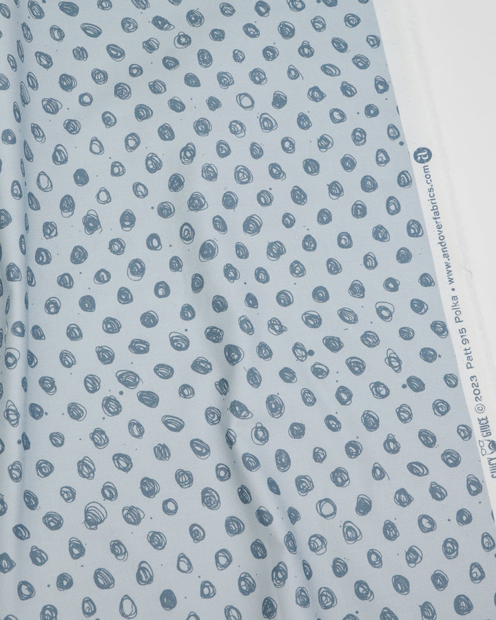 Cotton quilting fabric pattern called 'Polka in Silver Sage'. Part of the 'Ink by Giucy Giuce' fabric collection. Designed by Giucy Giuce for fabric company Andover Fabrics. SKU: A-915-CL. 44-45 inch width.