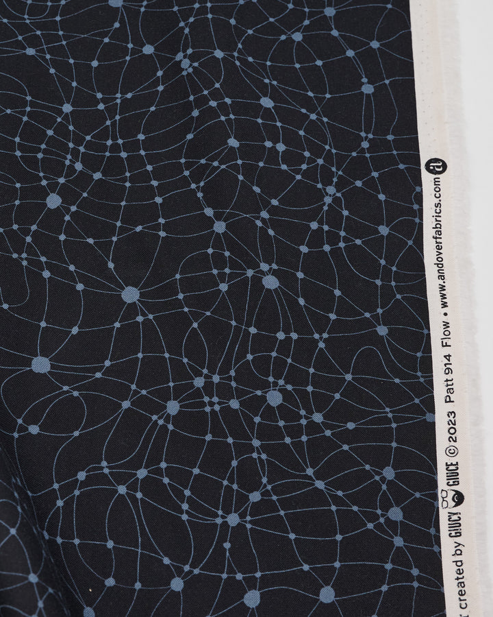 Cotton quilting fabric pattern called 'Flow in Black Widow'. Part of the 'Ink by Giucy Giuce' fabric collection. Designed by Giucy Giuce for fabric company Andover Fabrics. SKU: A-914-K. 44-45 inch width.