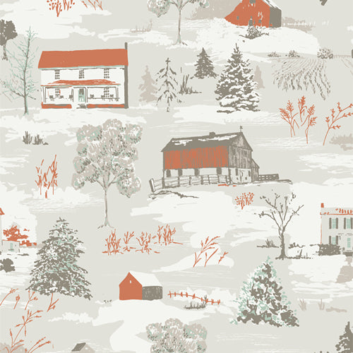 Cotton quilting fabric pattern called 'Farmhouse Winter'. Part of the 'Juniper' fabric collection. Designed by Sharon Holland for fabric company Art Gallery. SKU: JUN22108. 44-45 inch width.