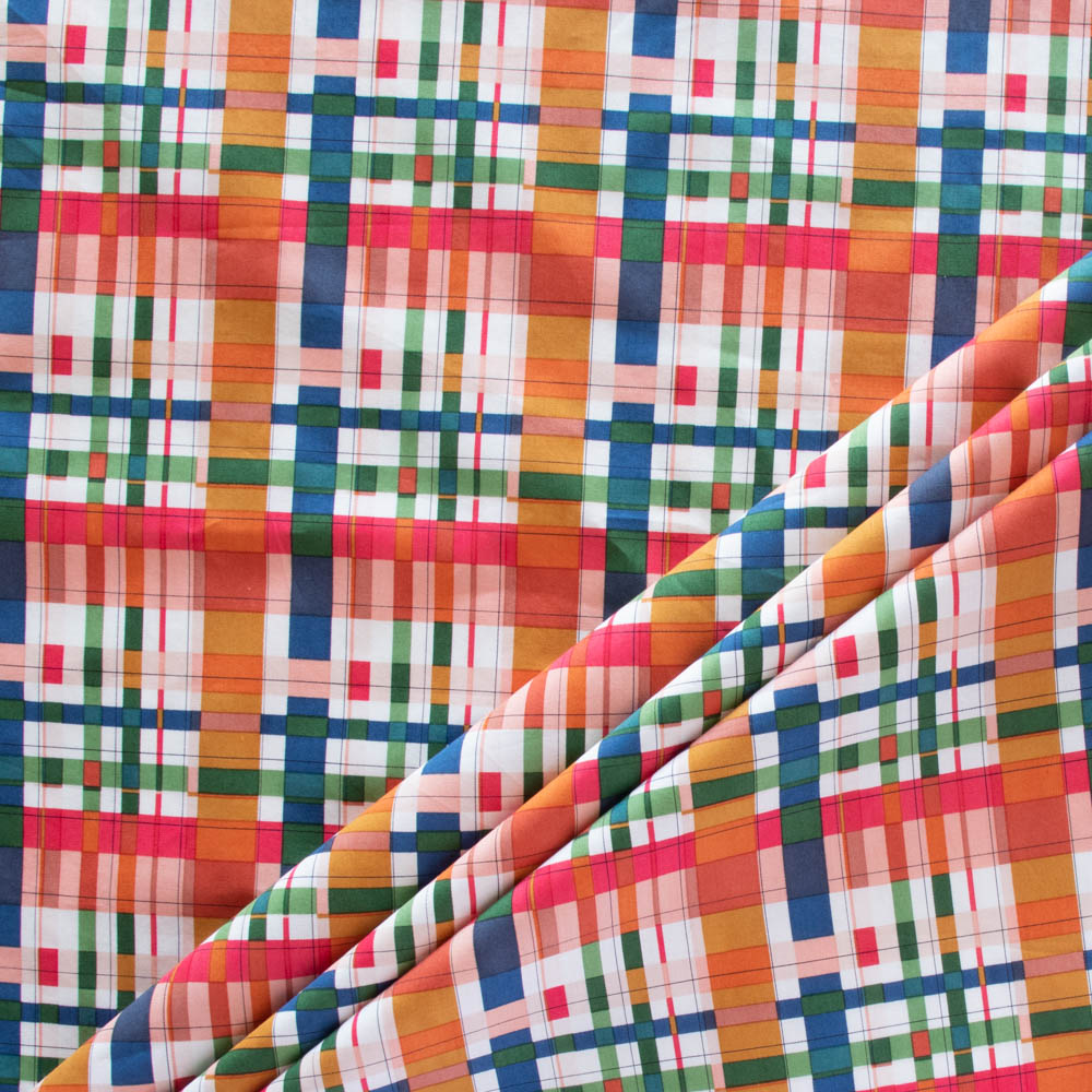 Cotton quilting fabric pattern called 'Plaid Party in Meadow'. Part of the 'Wild Fronds' fabric collection. Designed by Kate Capone for fabric company Birch Fabrics. SKU: KC-07-MEADOW. 44-45 inch width.