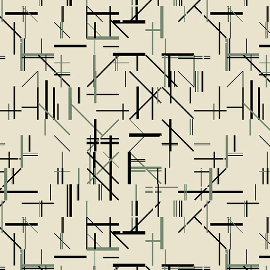 Cotton quilting fabric pattern called 'Midtown in Newsprint'. Part of the 'Verdigris' fabric collection. Designed by Libs Elliott for fabric company Andover Fabrics. SKU: A-828-L. 44-45 inch width.