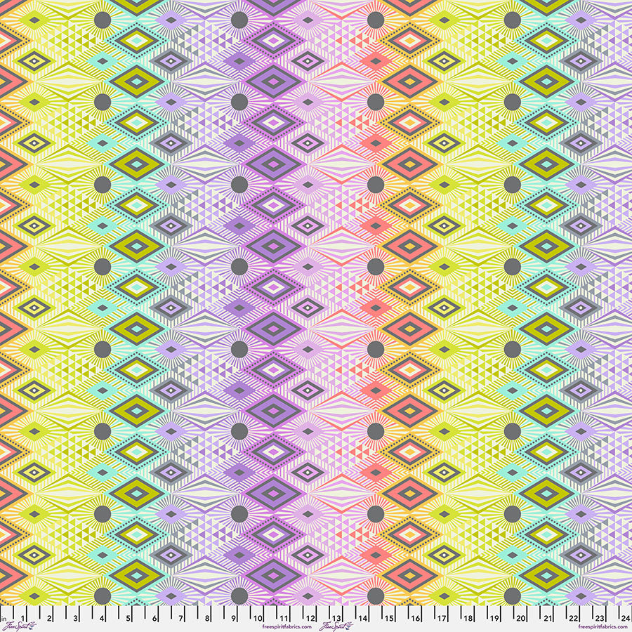 Cotton quilting fabric pattern called 'Disco Lucy in Prism'. Part of the 'Tabby Road Deja Vu' fabric collection. Designed by Tula Pink for fabric company Free Spirit Fabrics. SKU: PWTP232.PRISM. 44-45 inch width.