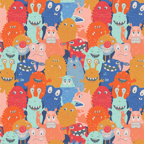 Cotton quilting fabric pattern called 'Monster Parade'. Part of the 'MonsterVille' fabric collection. Designed by AGF Studio for fabric company Art Gallery Fabrics. SKU: MVL44400. 44-45 inch width.